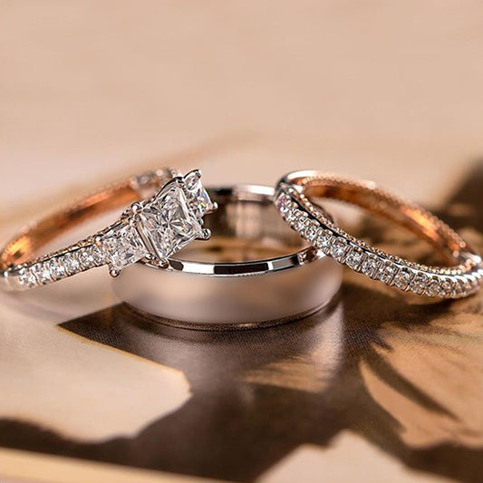 Three Sets of Exquisite Luxury Women’s Zircon Inlaid Rings – Elegant Gold & Silver Tone Fashion Jewelry Set for Women