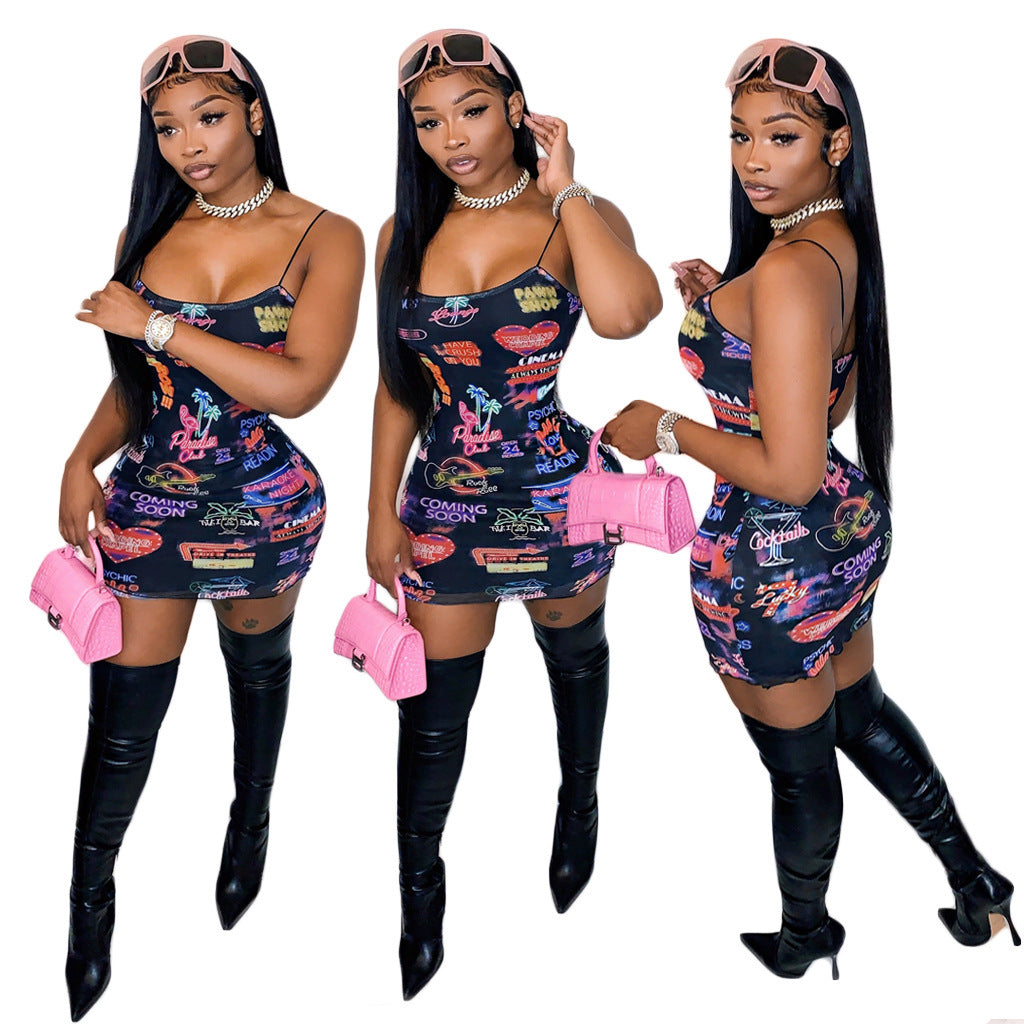 Aesthetic Y2K Printed Sling Bodycon Mini Dress – Sexy Summer Club & Lounge Wear for Women
