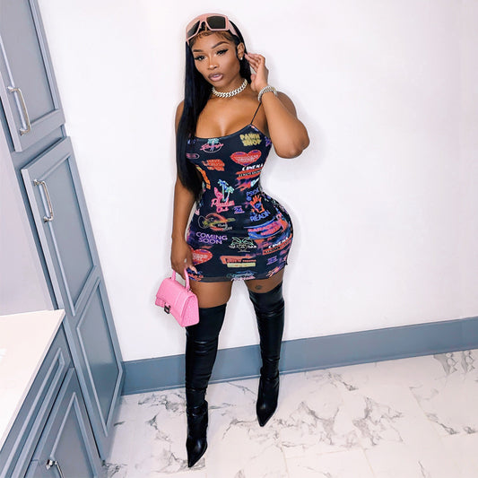Aesthetic Y2K Printed Sling Bodycon Mini Dress – Sexy Summer Club & Lounge Wear for Women