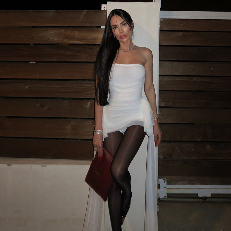 Mesh Ribbon Pleated Short Dress for Women – Elegant Party & Evening Wear Outfit