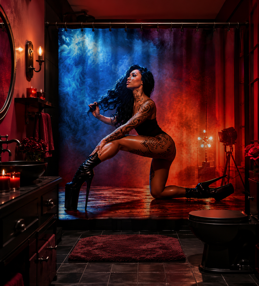 Luxury Tattooed Beauty Waterproof Shower Curtain | Romantic Gothic Bathroom Decor | Moody Red & Blue Glam Bath Curtain | Sexy Modern Bathroom Art