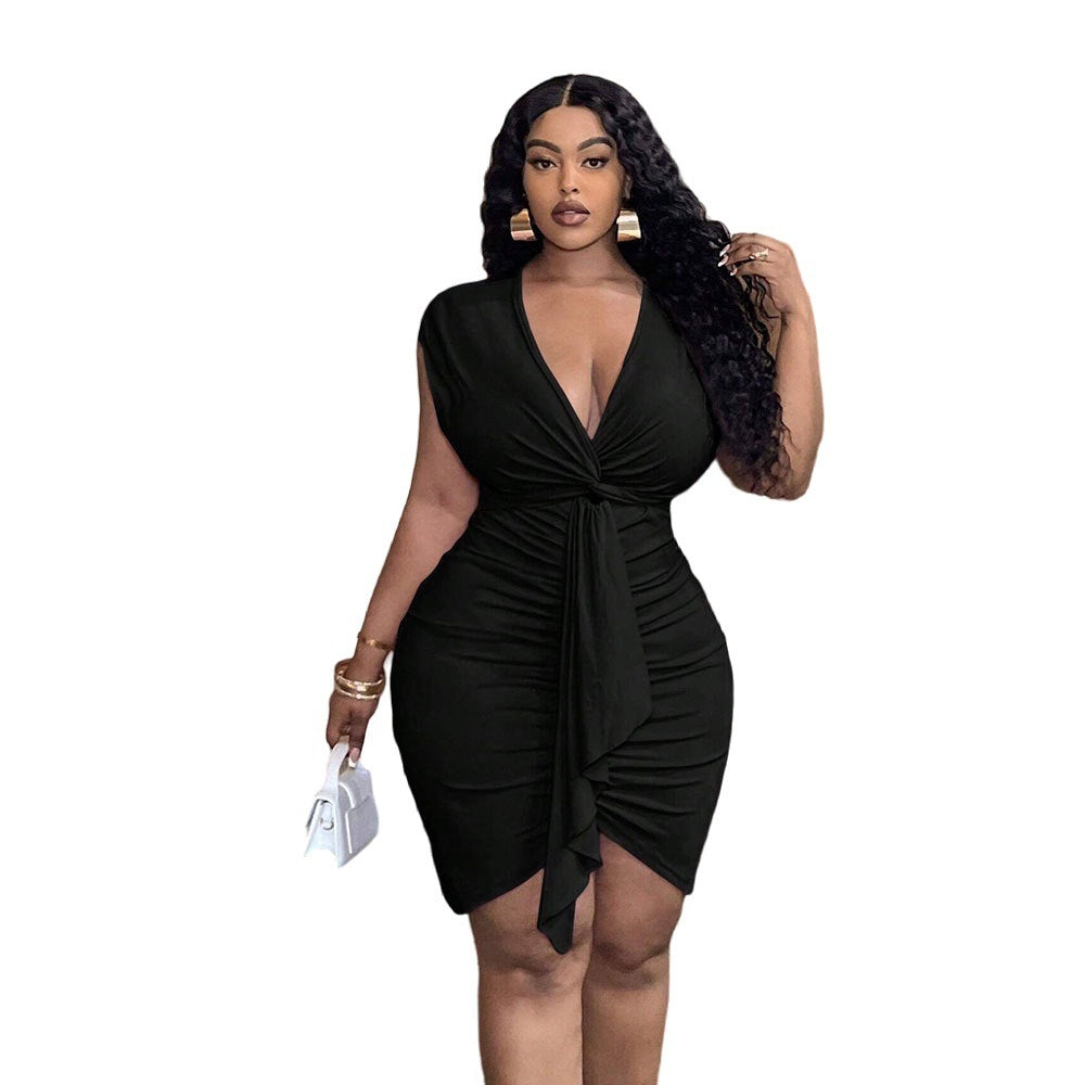 Women's Black V-neck Waist-tight Ruffle Hip Skirt