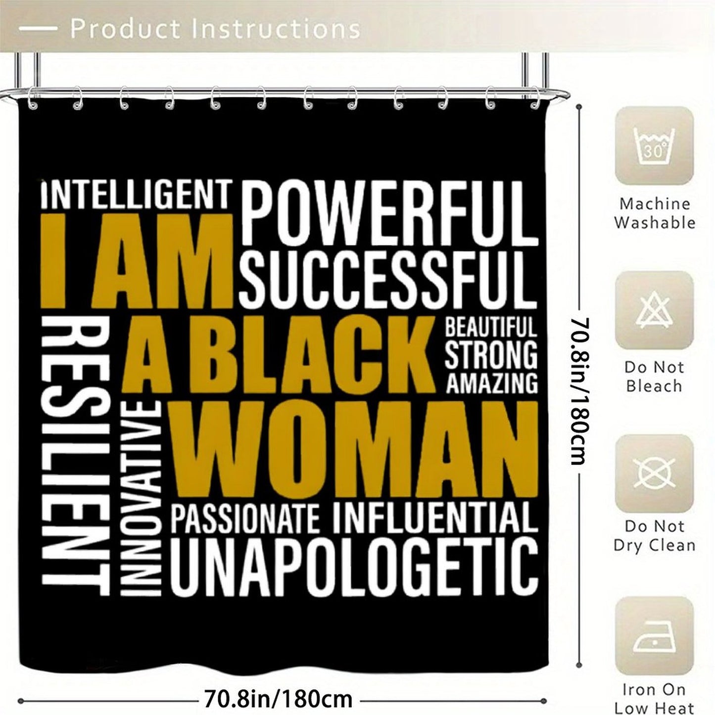 I Am A Black Woman Affirmation Shower Curtain – Empowering Melanin Bathroom Decor | Motivational Quotes | Luxury Black Gold Bath Curtain
