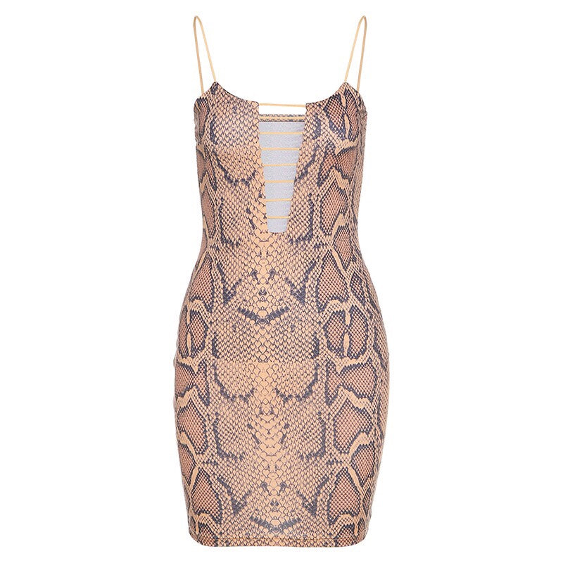 Snake Print Hollow-Out Slim Fit Bodycon Dress | Sexy Bag Hip Skirt Clubwear | Women’s High Waist Fashion Dress