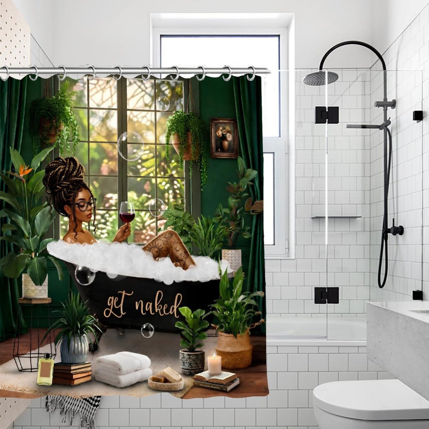 Boho Black Girl Shower Curtain Set, Green Botanical Bathroom Decor, Afro Queen Bubble Bath Curtain, Melanin Bathroom Aesthetic, Get Naked Bath Decor