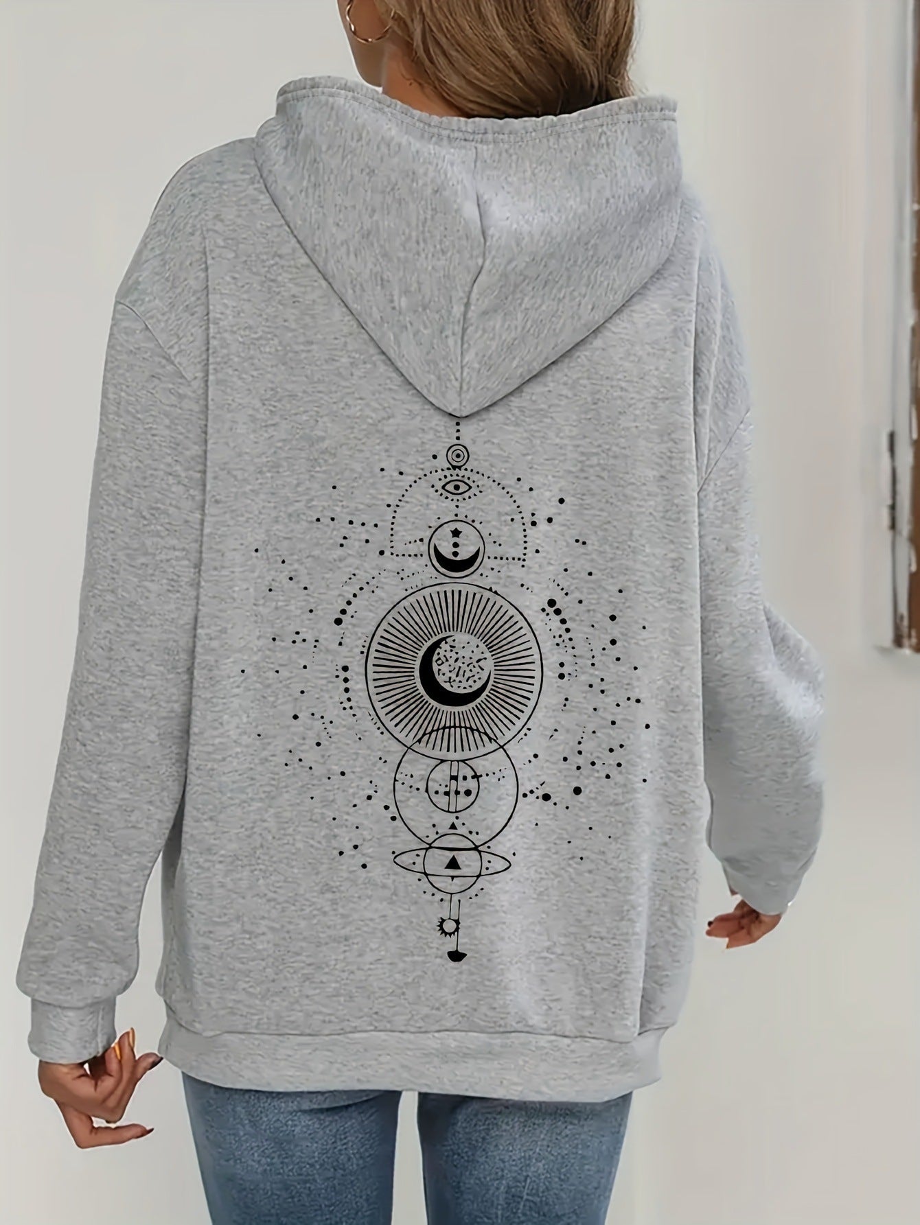 Moon Print Casual Hooded Sweatshirt - Cozy Celestial Style