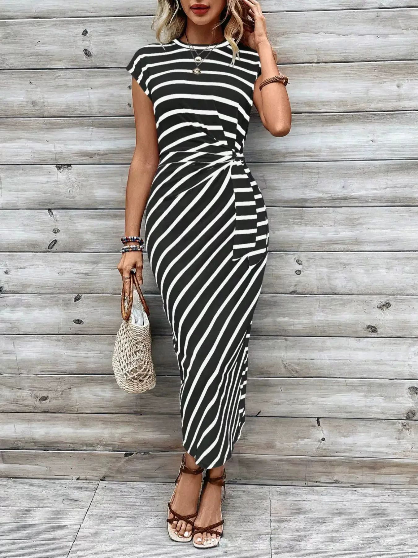 Elegant Striped Waist Strap Two-Piece Dress Set – Round Neck Short Sleeve & Long Skirt for Women