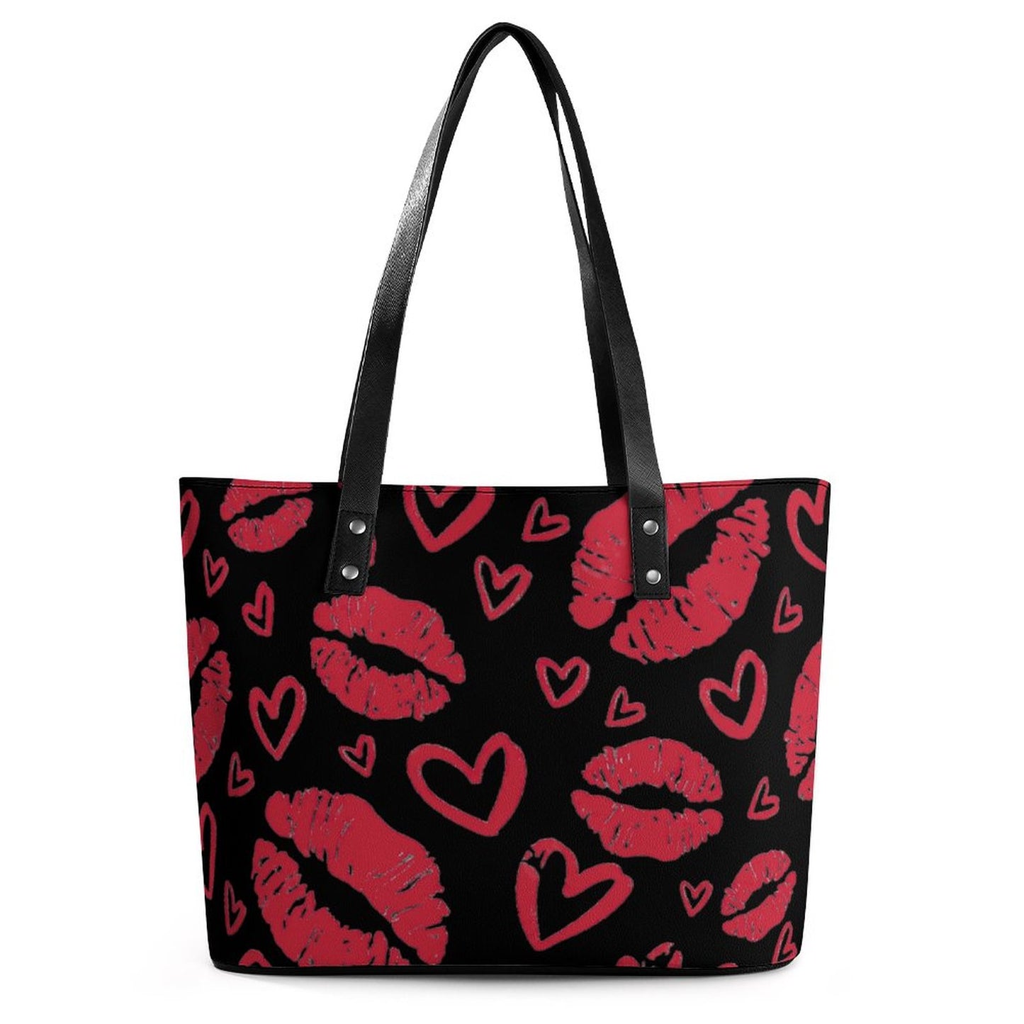 Chic & Bold: Women's Black Tote Bag with Kiss Lips and Hearts