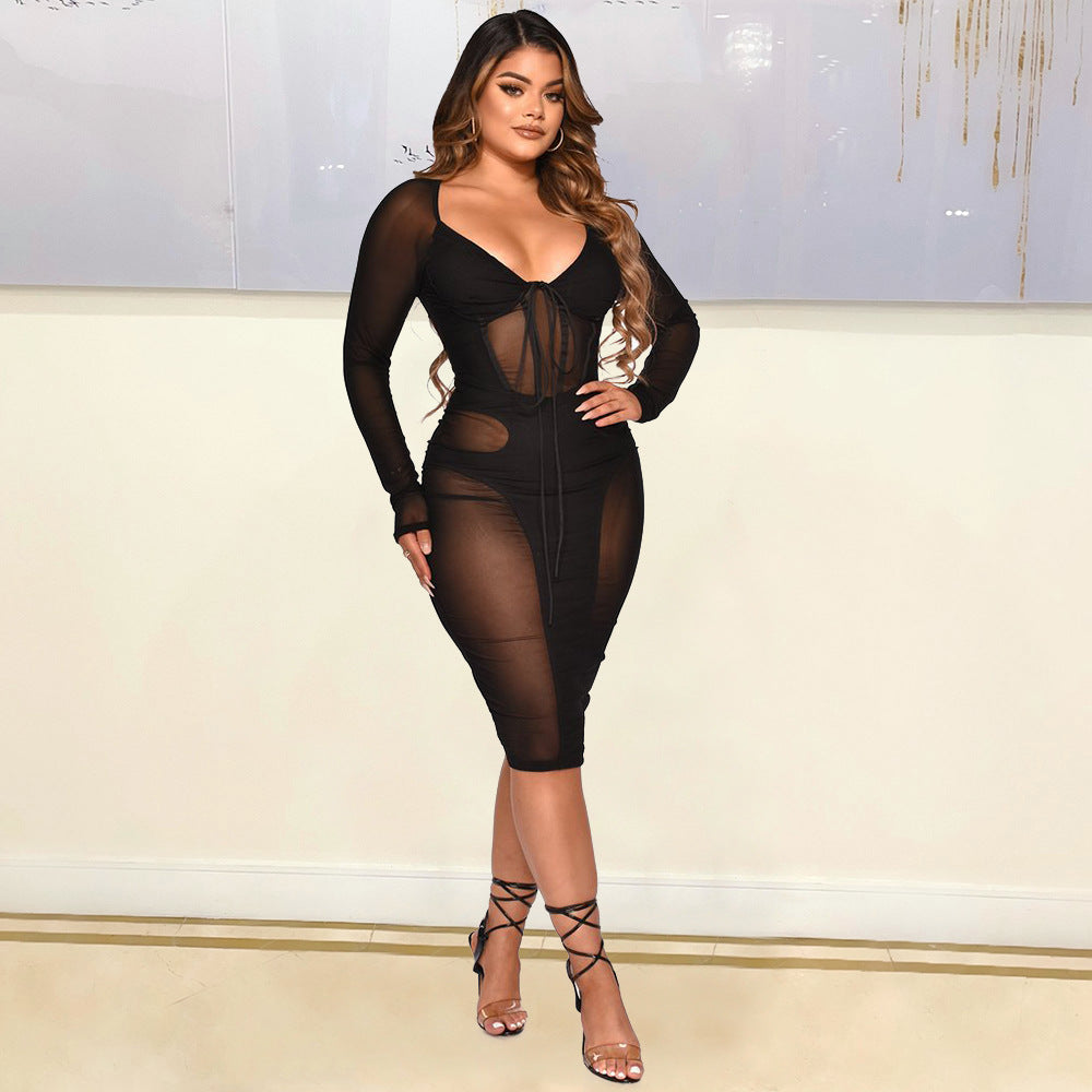 Sexy See-Through Tied Dress for Women – Sheer Mesh Bodycon Mini Dress, Adjustable Tie-Up Detail, Clubwear Night Out Outfit