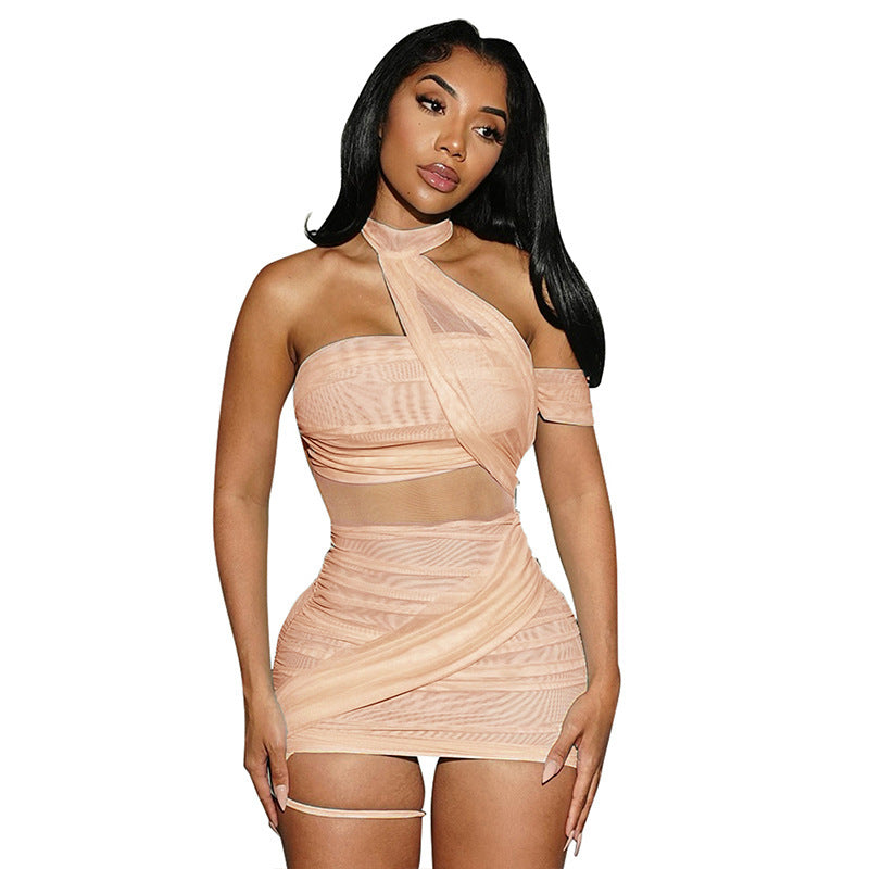 Mesh Halter Backless Pleated Sheath Dress – Asymmetric Cocktail Party Dress for Women, Sexy Elegant Evening Outfit
