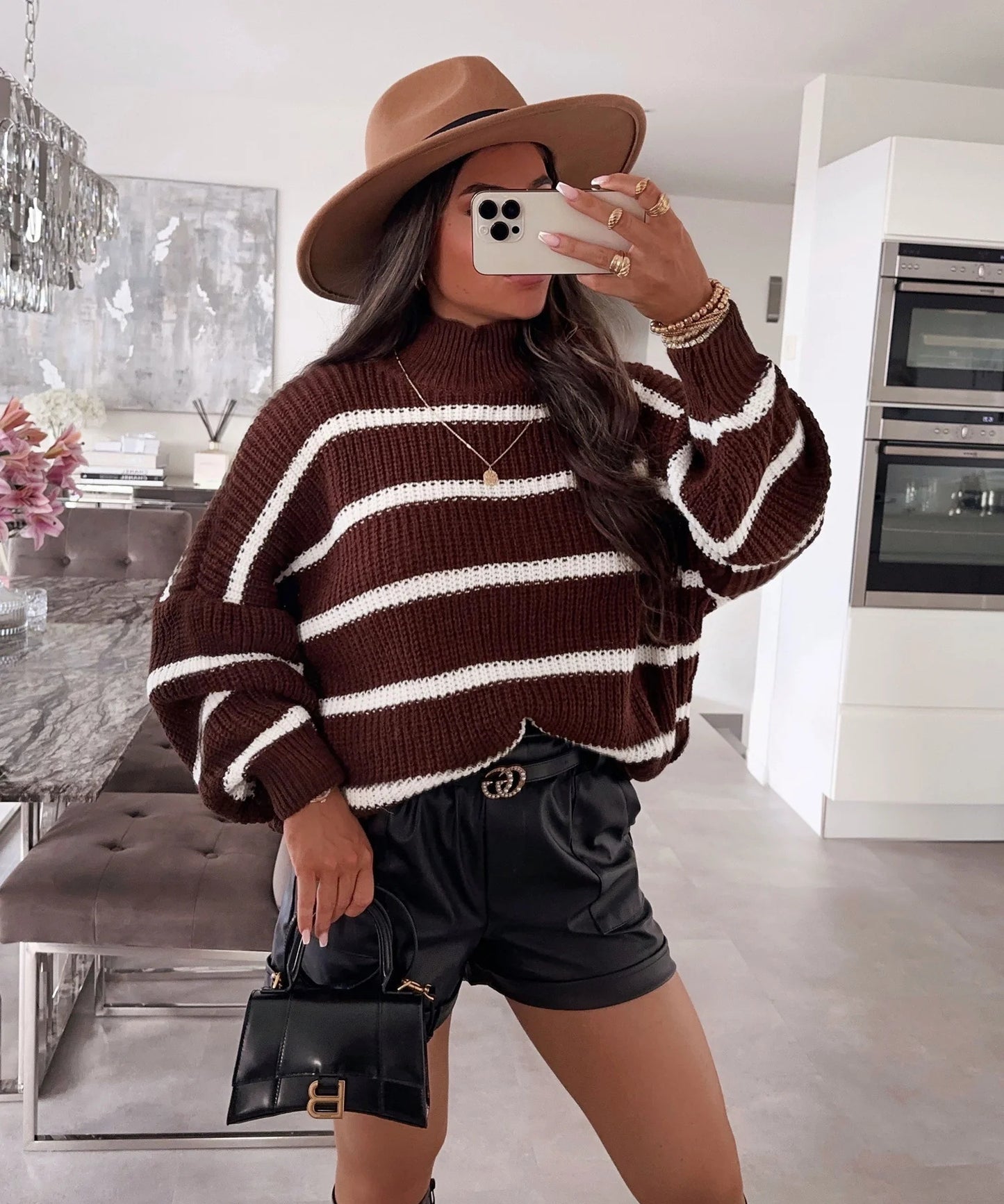 Loose Striped Mock-Neck Knitwear Pullover | Contrast Color Oversized Sweater for Women | Cozy Fall Winter Fashion | Casual Streetwear Sweater Top