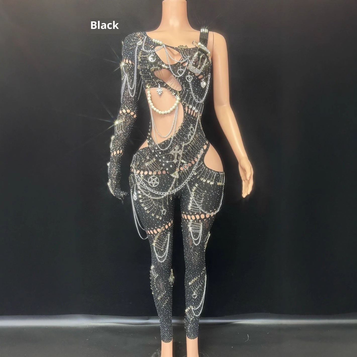 Red Rhinestone Cutout Bodysuit – Luxury Stagewear for Women | Crystal Chain Mesh Jumpsuit | Exotic Performance Outfit