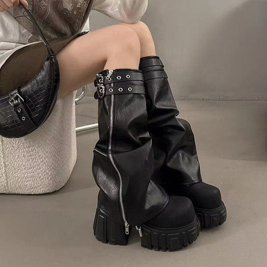 Edgy Black Buckle Strap Combat Boots – Punk-Inspired Mid-Calf Moto Boots for Women