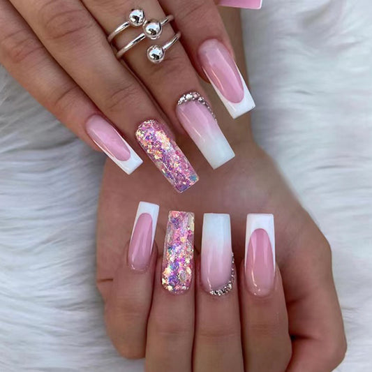 Women's Fashion Simple French Gradient Length Pile Rhinestone Fake Nails