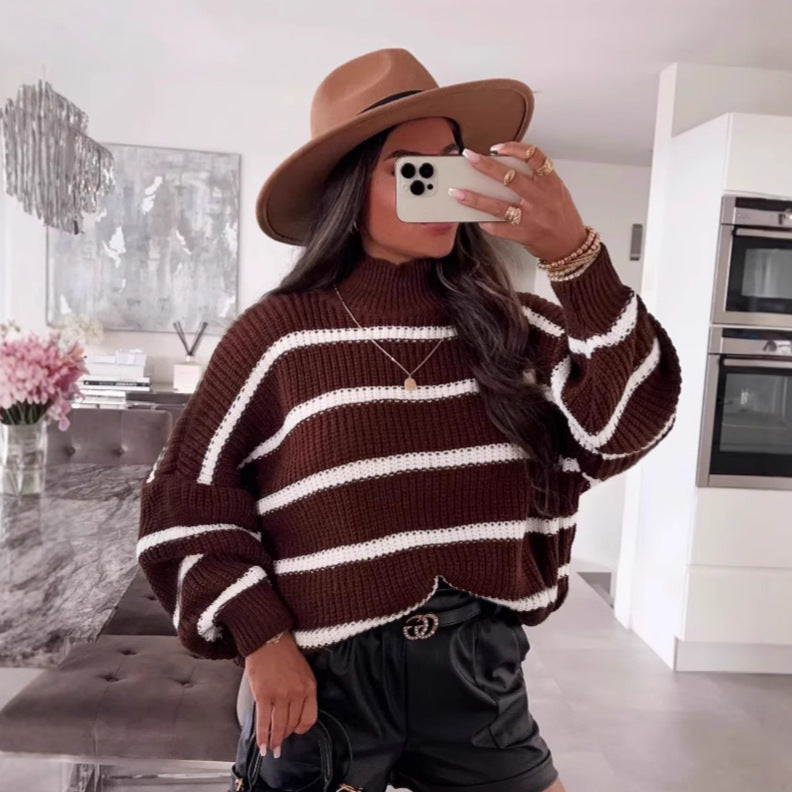 Loose Striped Mock-Neck Knitwear Pullover | Contrast Color Oversized Sweater for Women | Cozy Fall Winter Fashion | Casual Streetwear Sweater Top