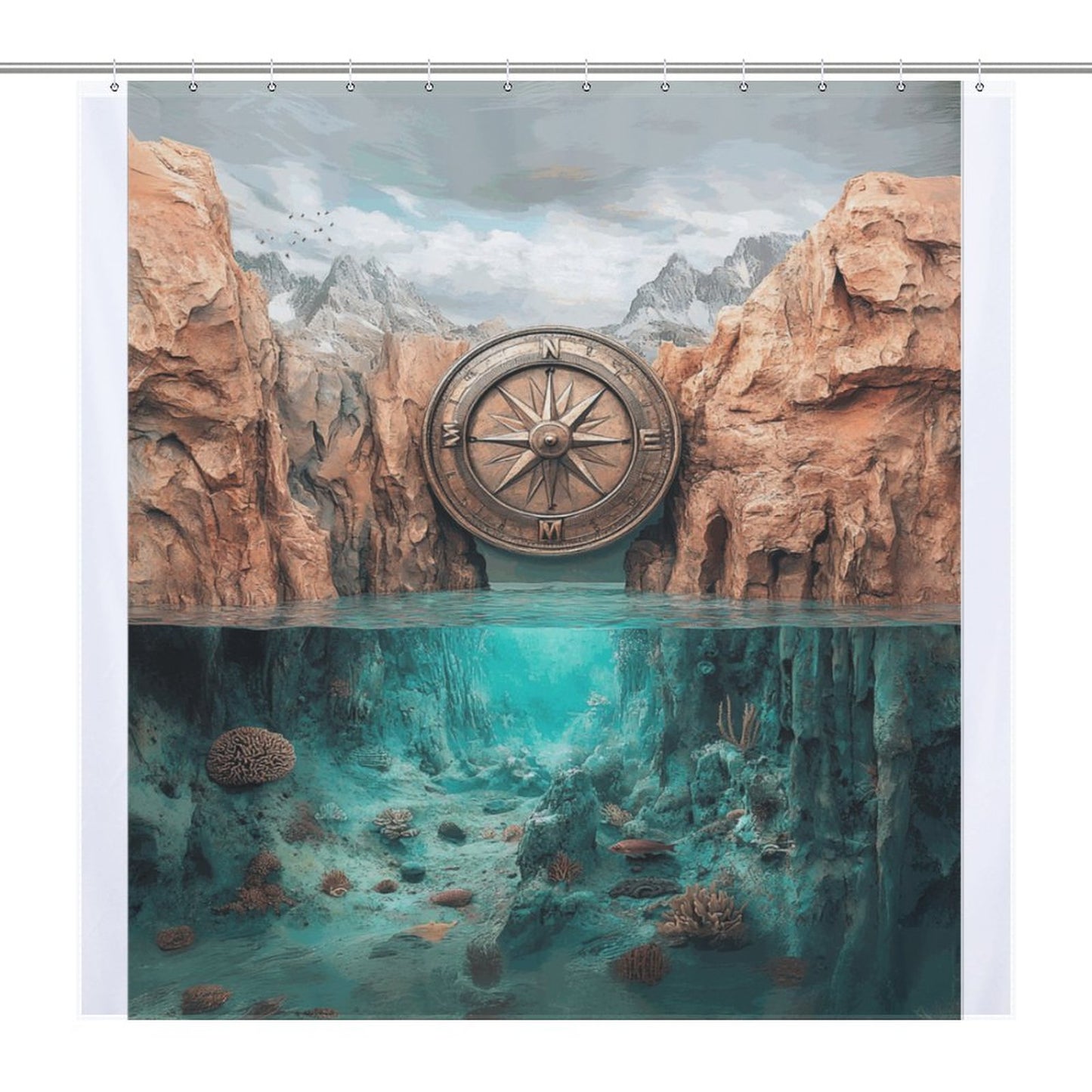 Compass with Mountain Over Water Shower Curtain | Nature Adventure Bathroom Decor | Wanderlust Compass Map Rustic Scenery Curtain