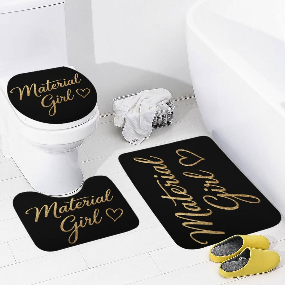 Material Girl Bathroom Mat Set, Black Gold Glam Bath Rugs, 3 Piece Toilet Mat Set, Luxury Bathroom Decor, Boss Lady Bath Set