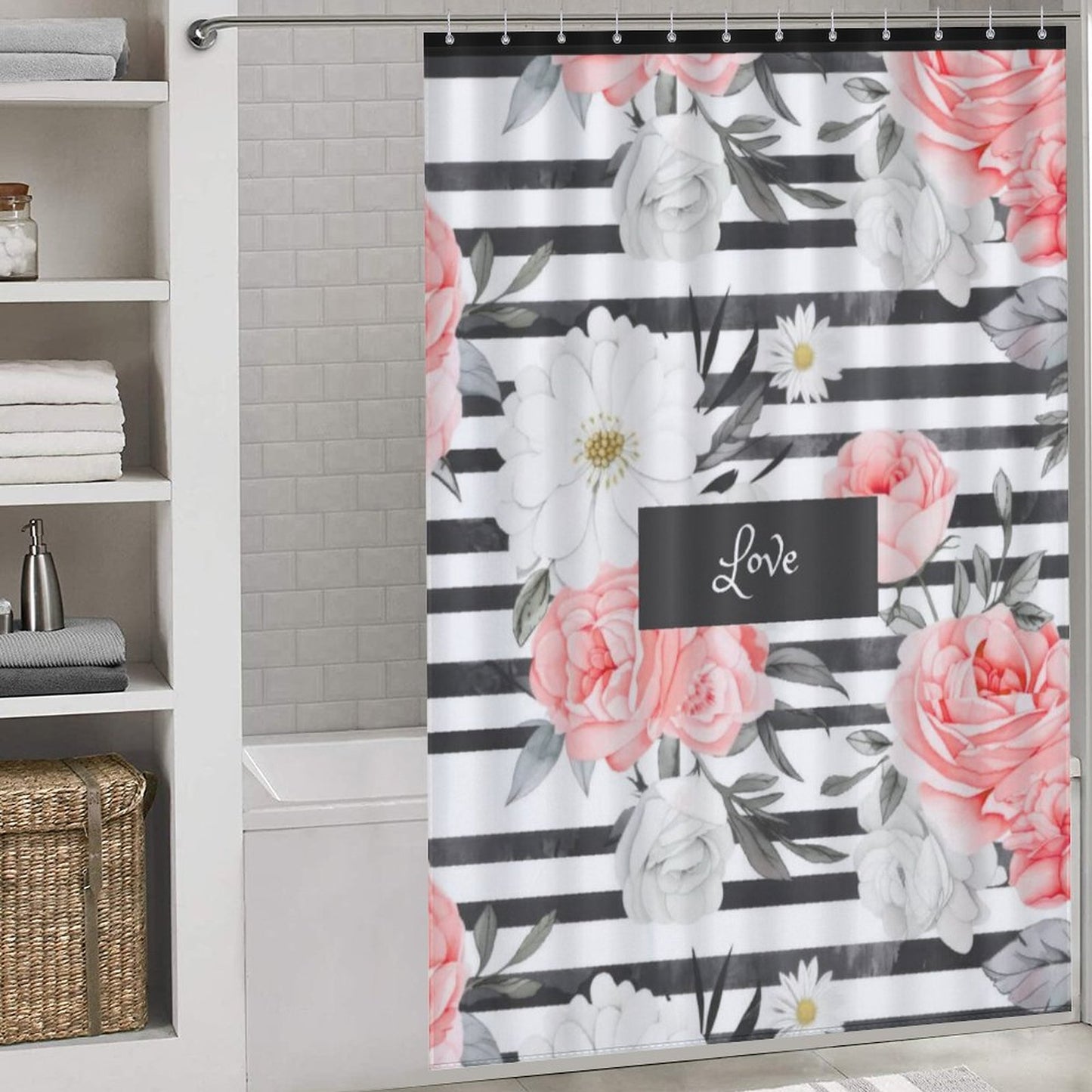 Floral Love Shower Curtain | Elegant Bathroom Decor, Gift for Home Lovers, Wedding, Modern Style, Floral Theme, Romantic Bathroom Accent