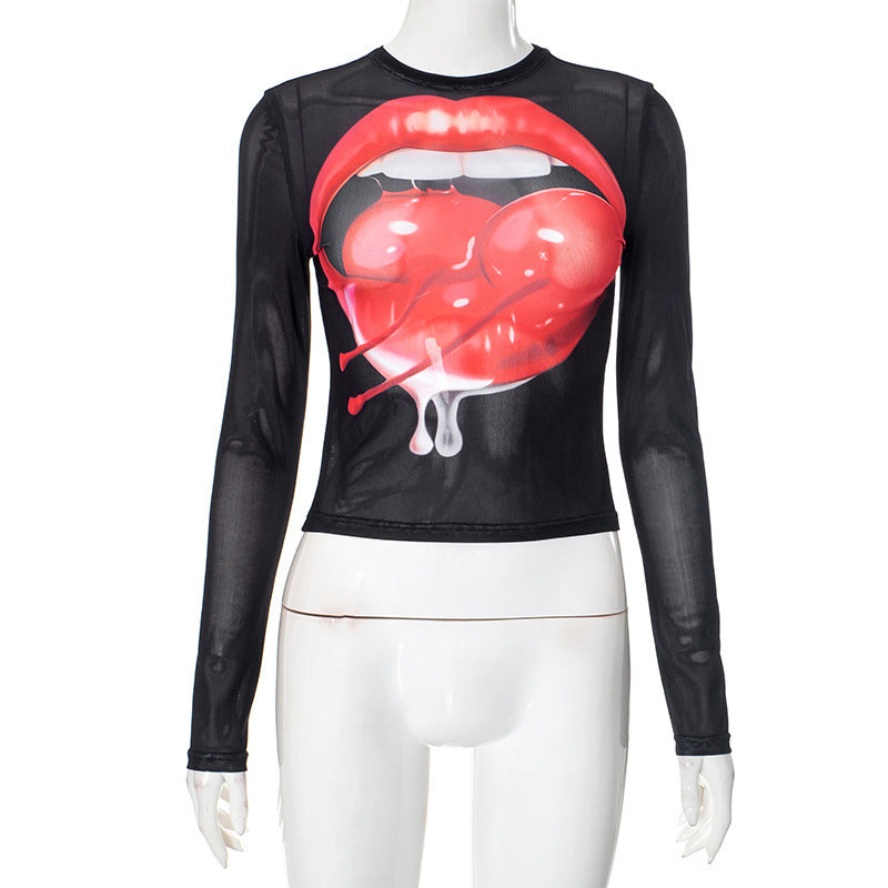 Women's Fashion Wild Cherry Lips Round Neck Long Sleeve Top