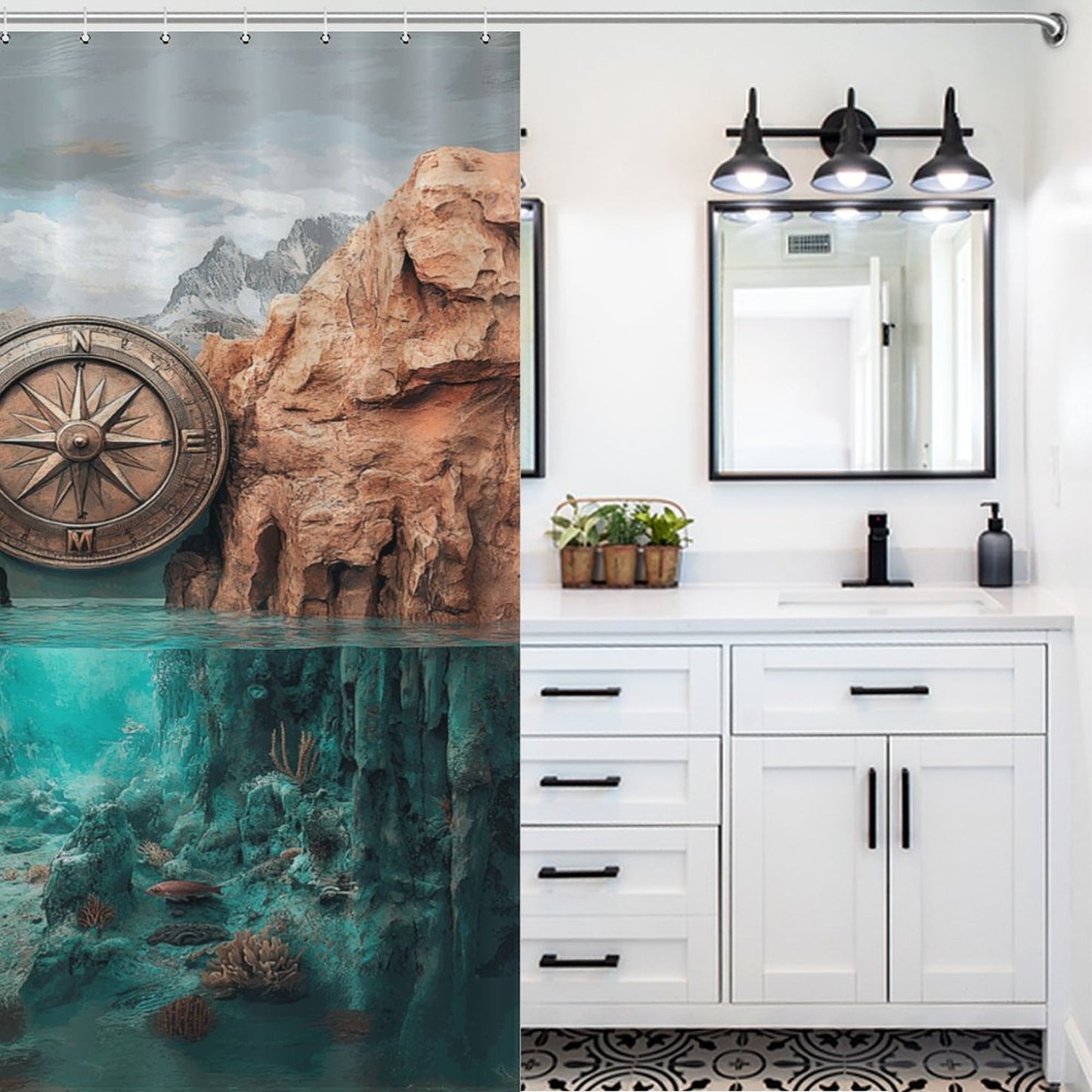 Compass with Mountain Over Water Shower Curtain | Nature Adventure Bathroom Decor | Wanderlust Compass Map Rustic Scenery Curtain
