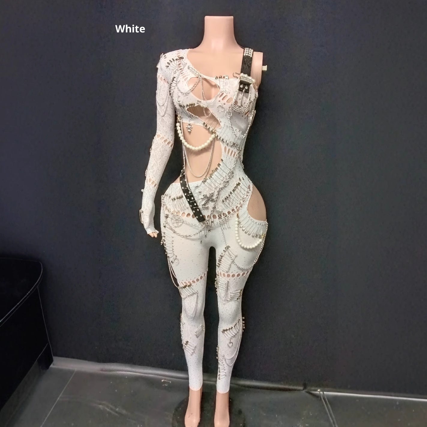 Red Rhinestone Cutout Bodysuit – Luxury Stagewear for Women | Crystal Chain Mesh Jumpsuit | Exotic Performance Outfit