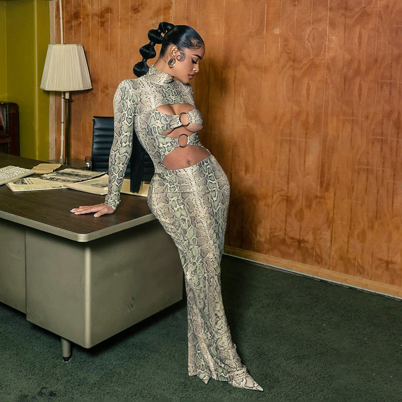 Sexy Hollow-Out Bodycon Maxi Dress for Women – Figure-Hugging Long Sleeve Printed Dress | Elegant Clubwear, Date Night Outfit, Slim Fit Streetwear Fashion