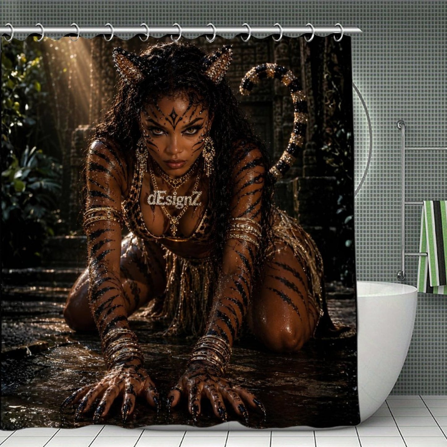 Tiger Queen Luxury Shower Curtain – Modern Black & Gold Jungle Glam Bathroom Decor | Fierce Tribal Goddess Bath Curtain
