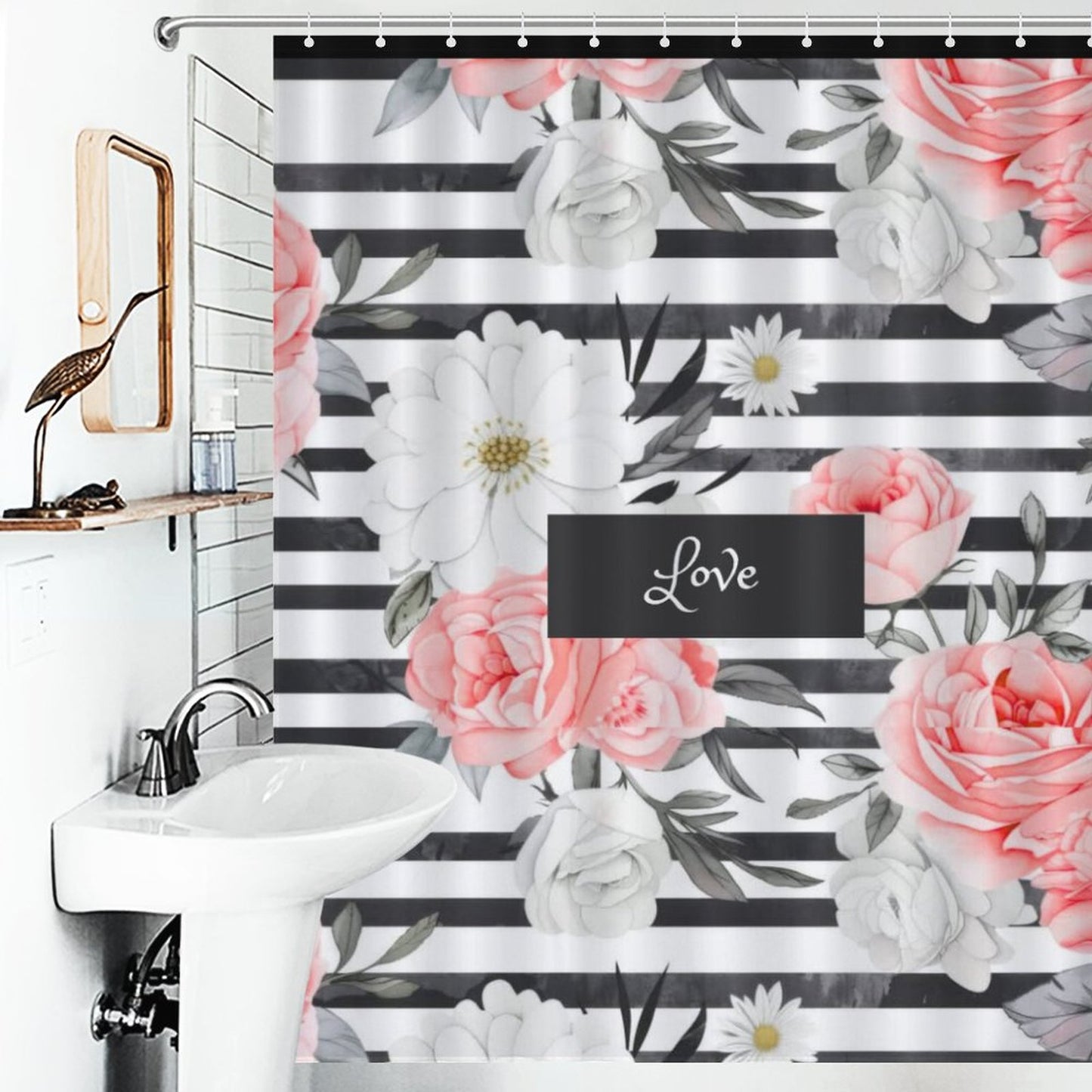 Floral Love Shower Curtain | Elegant Bathroom Decor, Gift for Home Lovers, Wedding, Modern Style, Floral Theme, Romantic Bathroom Accent