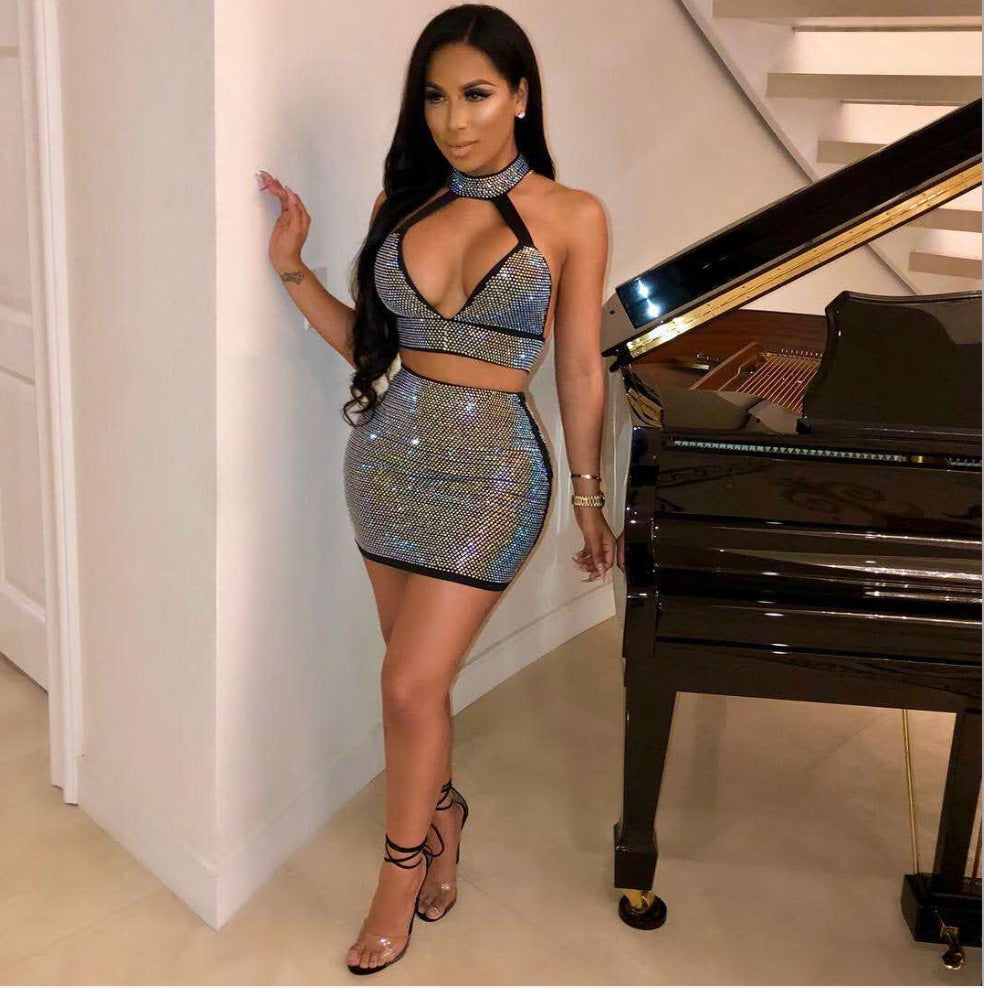 Women’s Diamond Two-Piece Set Dress | Luxury Sparkle Matching Outfit | Glam Evening & Party Wear