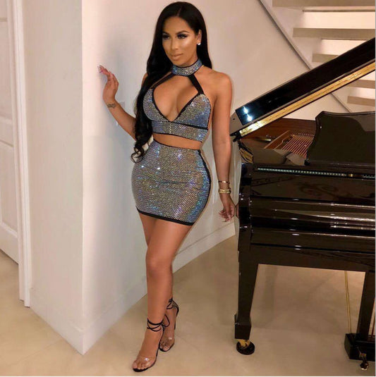 Women’s Diamond Two-Piece Set Dress | Luxury Sparkle Matching Outfit | Glam Evening & Party Wear