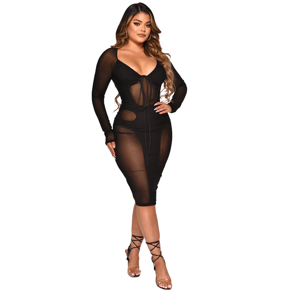 Sexy See-Through Tied Dress for Women – Sheer Mesh Bodycon Mini Dress, Adjustable Tie-Up Detail, Clubwear Night Out Outfit