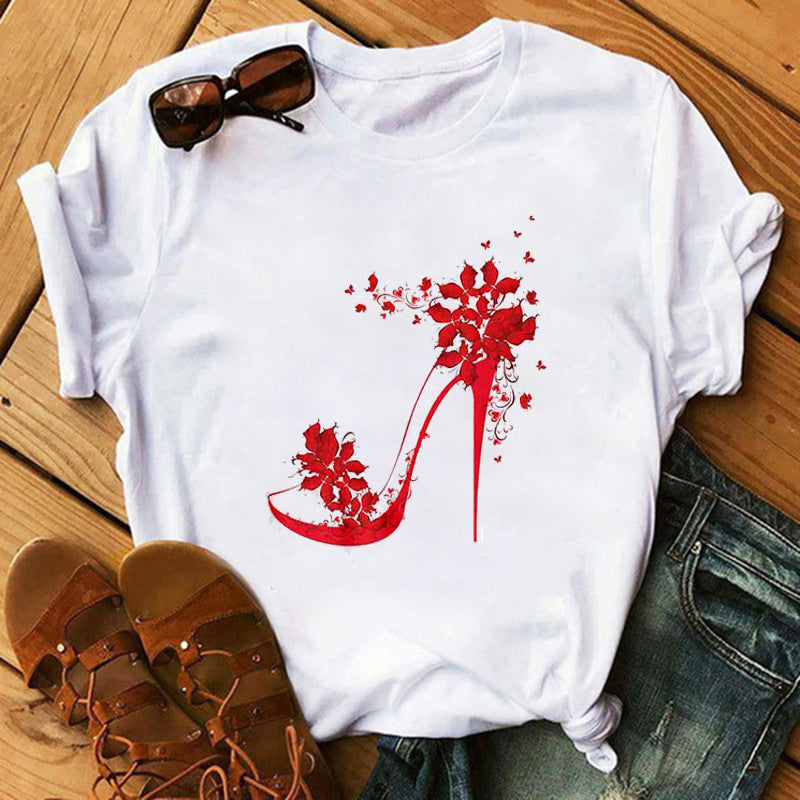 Women's High Heels Pattern Cute Loose Top T-shirt