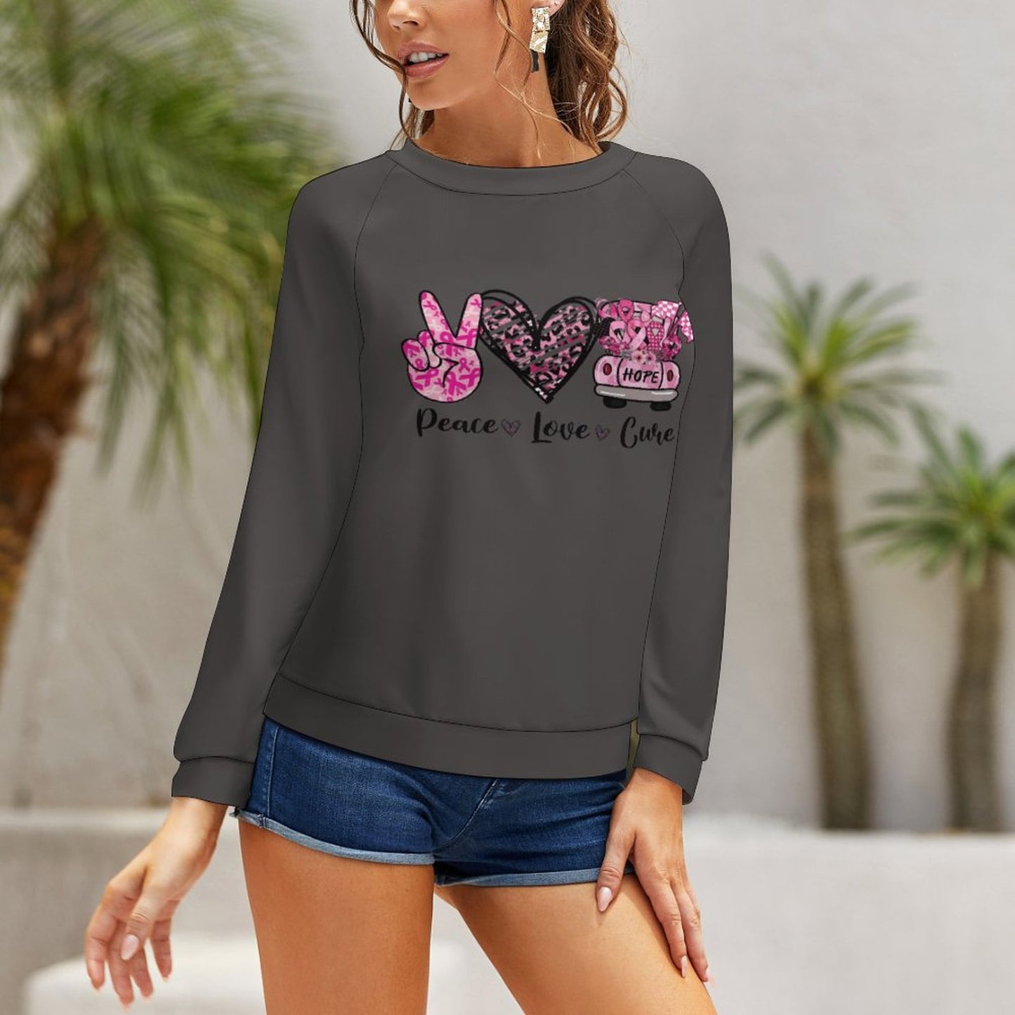 Women's Peace Love Cure Breast Cancer Awareness Sweatshirt - Pink Ribbon Pullover