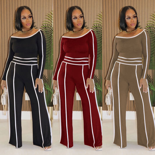 Women’s Commute Leisure Two-Piece Set – Diagonal Collar Top & High Waist Trousers | Chic Long Sleeve Stitch Set | Elegant Casual Outfit for Work or Brunch