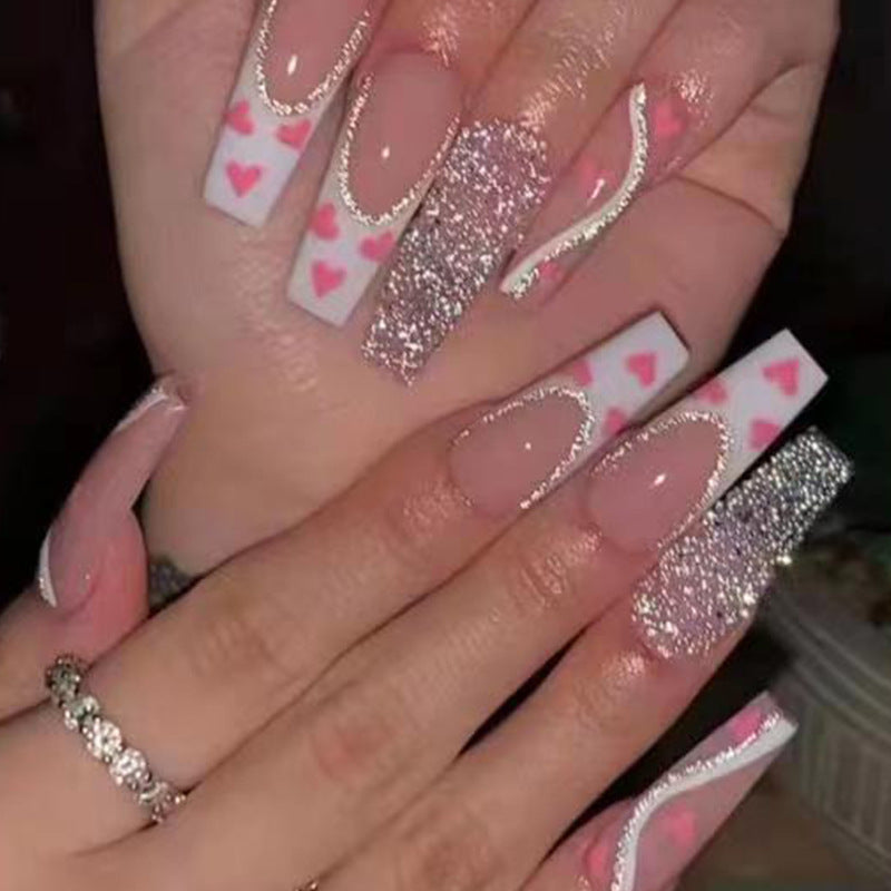 Pink & White Heart False Nails – Romantic & Chic Manicure