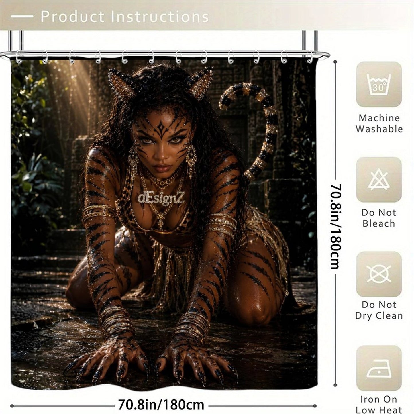 Tiger Queen Luxury Shower Curtain – Modern Black & Gold Jungle Glam Bathroom Decor | Fierce Tribal Goddess Bath Curtain