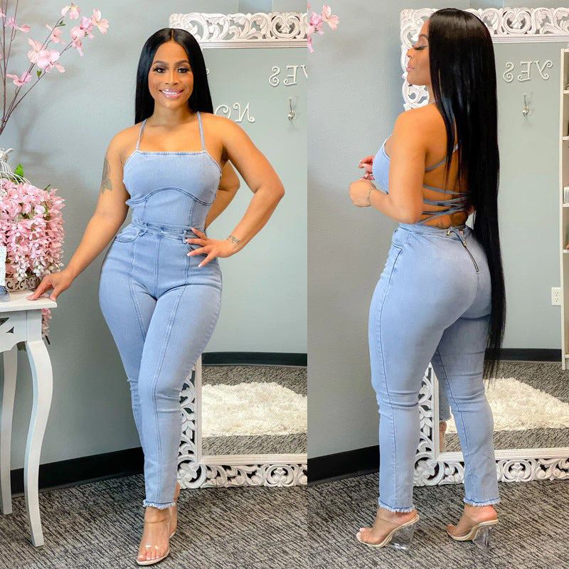 New Casual Slim Sexy Backless Bandage Denim Jumpsuit | Women’s High Waist Suspender Jeans Outfit | Bodycon Streetwear Romper