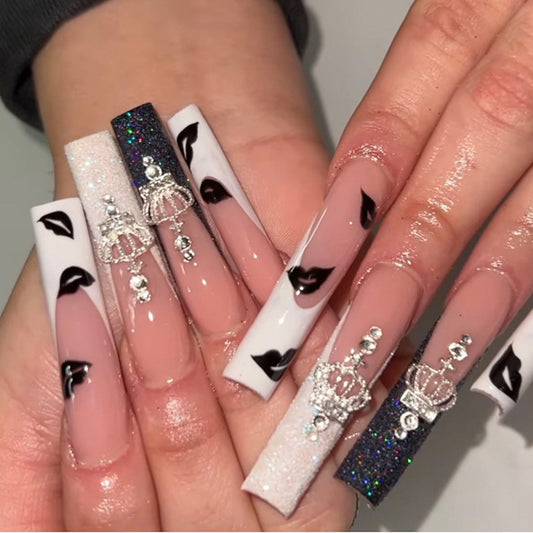 Long Ballet Black And White Lip Print Nail Beauty Rhinestone Removable Patch