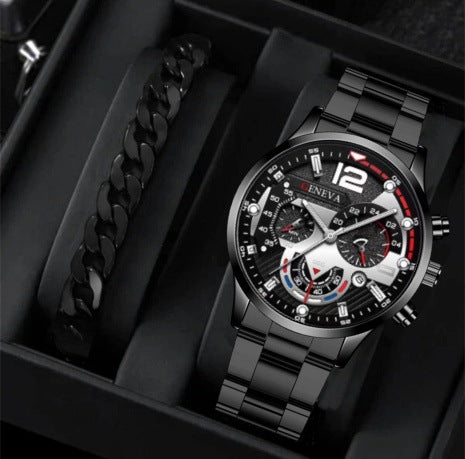 2Pcs Men’s Luxury Steel Strip Quartz Watch & Bracelet Set – Fashion Business Three-Eye Wristwatch Set for Men | Modern Elegant Gift Set