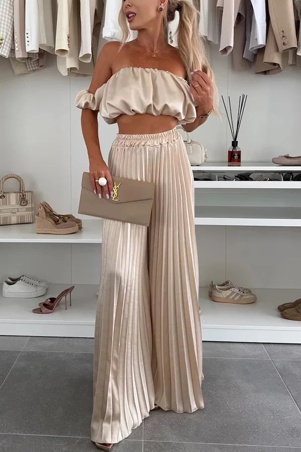 Women’s Satin Tube Top & Wide Leg Pants Set – 2 Piece Elegant Lounge Outfit | Summer Matching Set for Women | Sexy Formal Chic Suit