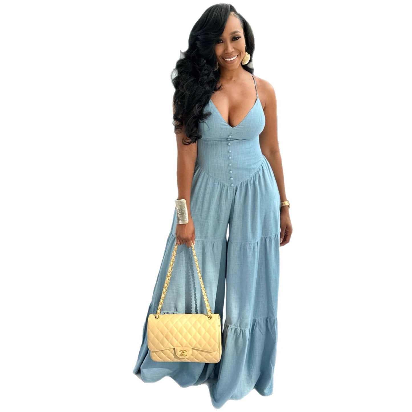 Women’s Deep V-Neck High Waist Jumpsuit – Sexy Elegant Wide Leg Romper, Long Sleeve Bodycon One Piece Outfit, Night Out Clubwear