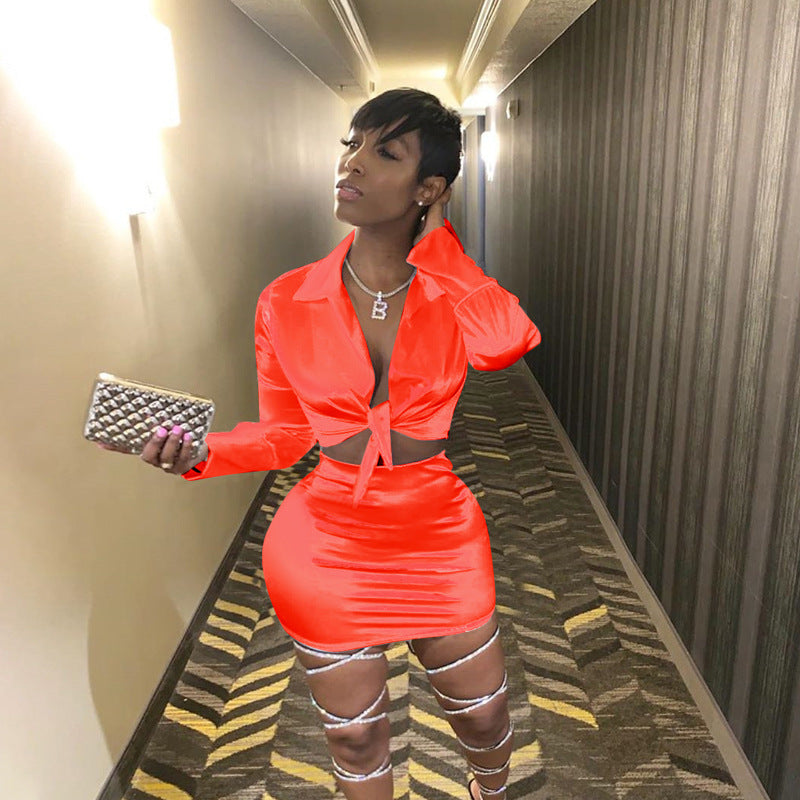 Chic Lapel Tie-In Deep V Long Sleeve Top & Skirt Set | Elegant Two-Piece Outfit for Women