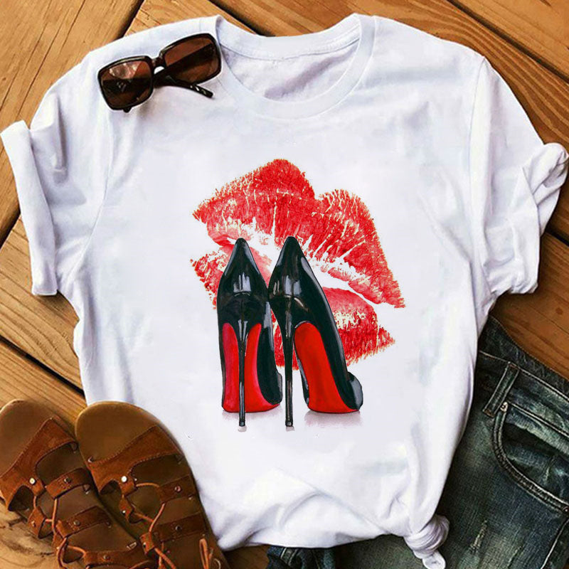 Women's High Heels Pattern Cute Loose Top T-shirt