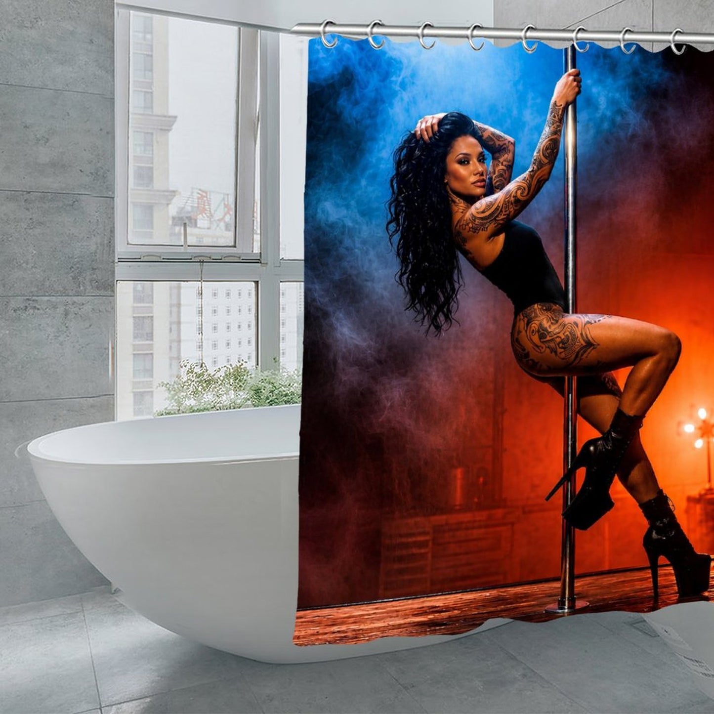 Tattooed Pole Dancer Shower Curtain, Sexy Gothic Bathroom Decor, Romantic Moody Bathroom Curtain, Alternative Bathroom Art, Edgy Tattoo Woman Bath Decor
