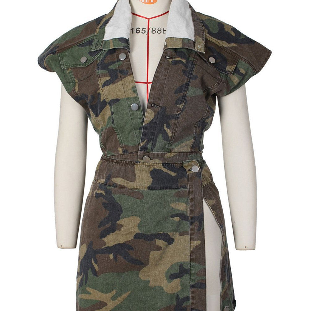 Camo Denim Skirt Suit for Women – Trendy 2-Piece Casual Outfit with Jacket and Skirt