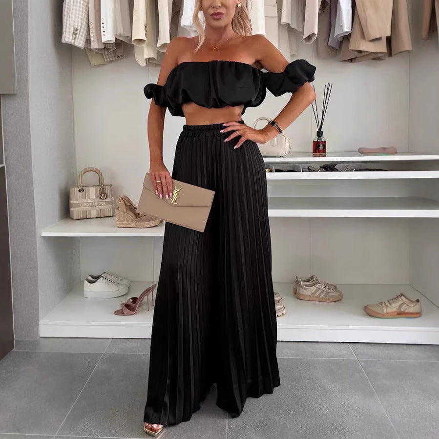Women’s Satin Tube Top & Wide Leg Pants Set – 2 Piece Elegant Lounge Outfit | Summer Matching Set for Women | Sexy Formal Chic Suit
