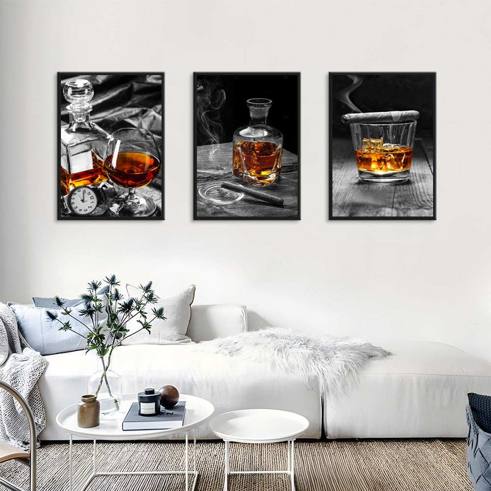 Vodka & Wine Glass Still Life Triple Oil Painting / Elegant Bar Wall Art for Home & Lounge Décor