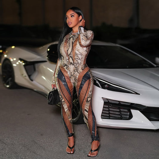 Snake-Print Bodycon Sexy Jumpsuit & Pants Set | Women’s Curve-Hugging Two-Piece Outfit | Night Out Clubwear