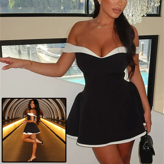 Y2K Black & White Patchwork Mini Dress – Backless Bodycon Streetwear for Women