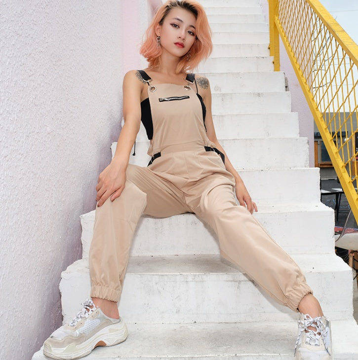 Women's Camel Overall Jogger – Chic Streetwear Jumpsuit with Pockets | Casual One-Piece Outfit for All Seasons